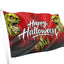 A Halloween flag on a white pole, featuring a red and black background with two green zombie faces, a green clawed hand, and the words 'Happy Halloween' in white dripping lettering.