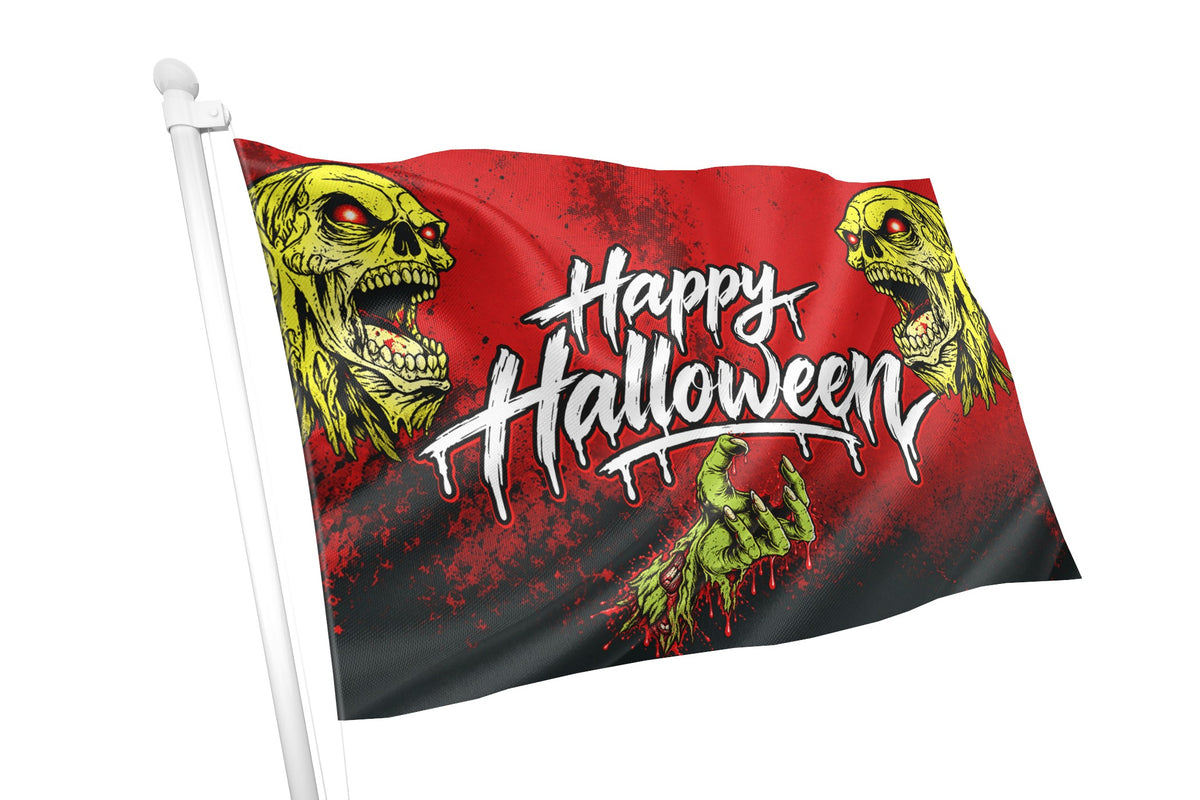 A Halloween flag on a white pole, featuring a red and black background with two green zombie faces, a green clawed hand, and the words 'Happy Halloween' in white dripping lettering.