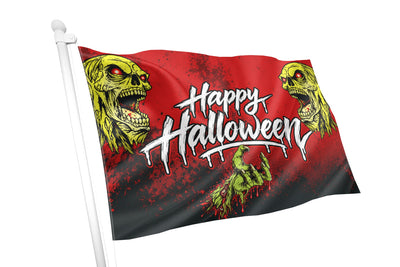A Halloween flag on a white pole, featuring a red and black background with two green zombie faces, a green clawed hand, and the words 'Happy Halloween' in white dripping lettering.