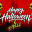 Halloween graphic design featuring the text 'Happy Halloween' in a dripping white font, flanked by two yellow zombie heads with red glowing eyes, and a green zombie hand reaching up from the bottom against a red and black splattered background.
