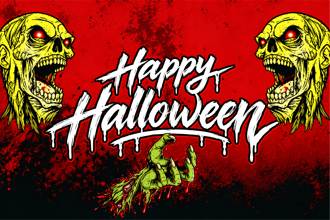 Halloween graphic design featuring the text 'Happy Halloween' in a dripping white font, flanked by two yellow zombie heads with red glowing eyes, and a green zombie hand reaching up from the bottom against a red and black splattered background.