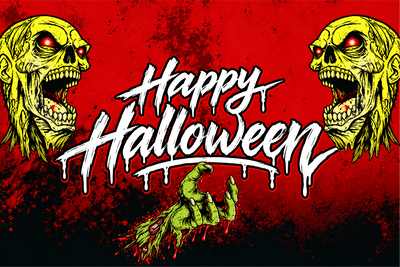Halloween graphic design featuring the text 'Happy Halloween' in a dripping white font, flanked by two yellow zombie heads with red glowing eyes, and a green zombie hand reaching up from the bottom against a red and black splattered background.