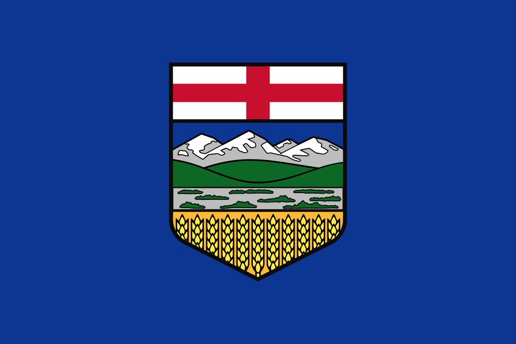 The Alberta Flag. a blue field with the provincial coat of arms centered, symbolizing Alberta’s natural landscape and heritage. blue background.
