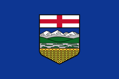The Alberta Flag. a blue field with the provincial coat of arms centered, symbolizing Alberta’s natural landscape and heritage. blue background.