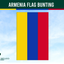 Armenia flag bunting with three vertical stripes in yellow, blue, and red on a blue sky background.