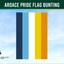 Aroace Pride Flag bunting with four vertical stripes on a blue sky background, featuring the Flags Ireland logo.