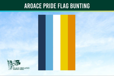 Aroace Pride Flag bunting with four vertical stripes on a blue sky background, featuring the Flags Ireland logo.