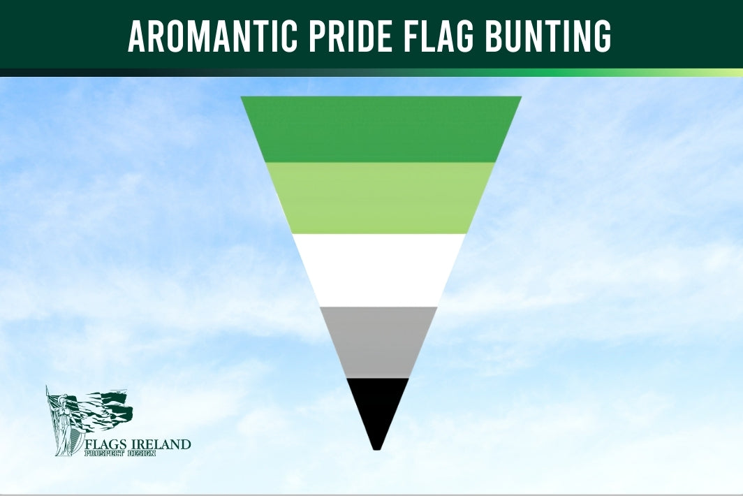 Aromantic Pride flag triangle bunting shades of green white grey and black against a blue sky