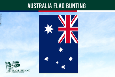 australia flag bunting, rectangular blue, red and white with six stars on a blue sky background