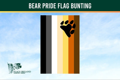 Bear Pride Flag Bunting with a black bear paw print on a striped background, branded by Flags Ireland.