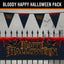 Halloween party decoration set featuring a black banner with red dripping text reading 'Happy Halloween' and black pennant flags with red drips, shown against a spooky gray background with a fence and haunted house silhouette.
