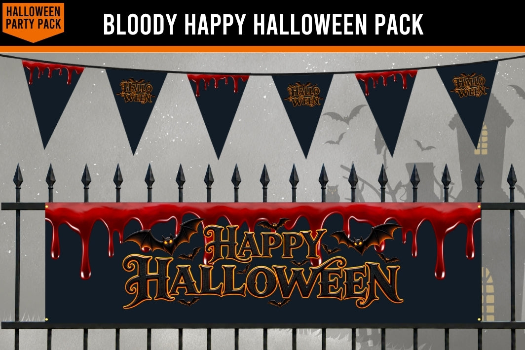 Halloween party decoration set featuring a black banner with red dripping text reading 'Happy Halloween' and black pennant flags with red drips, shown against a spooky gray background with a fence and haunted house silhouette.