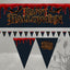Halloween bunting banner set with a large rectangular top banner and multiple triangular pennant flags, all featuring a dark navy background, red dripping blood effect, and gold 'Happy Halloween' lettering. The design is shown on a gray spooky background with a haunted house silhouette.