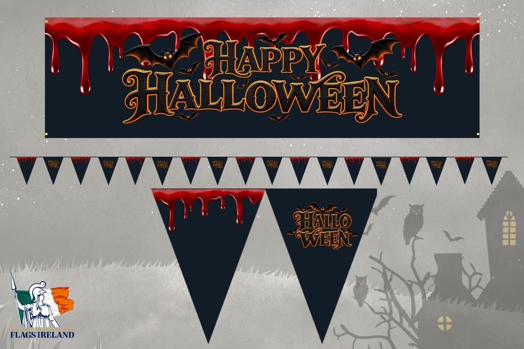 Halloween bunting banner set with a large rectangular top banner and multiple triangular pennant flags, all featuring a dark navy background, red dripping blood effect, and gold 'Happy Halloween' lettering. The design is shown on a gray spooky background with a haunted house silhouette.