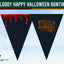 Halloween bunting banner with two black triangular flags. The left flag features a red dripping blood design, and the right flag features an orange 'HALLOWEEN' logo.