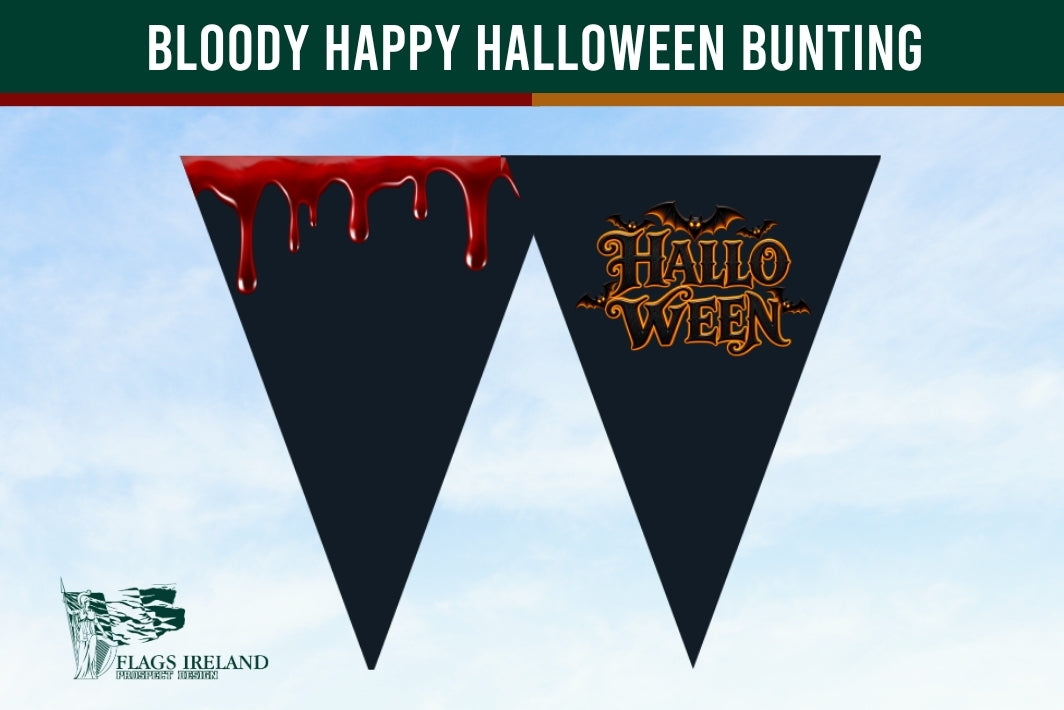 Halloween bunting banner with two black triangular flags. The left flag features a red dripping blood design, and the right flag features an orange 'HALLOWEEN' logo.