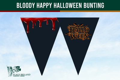 Halloween bunting banner with two black triangular flags. The left flag features a red dripping blood design, and the right flag features an orange 'HALLOWEEN' logo.