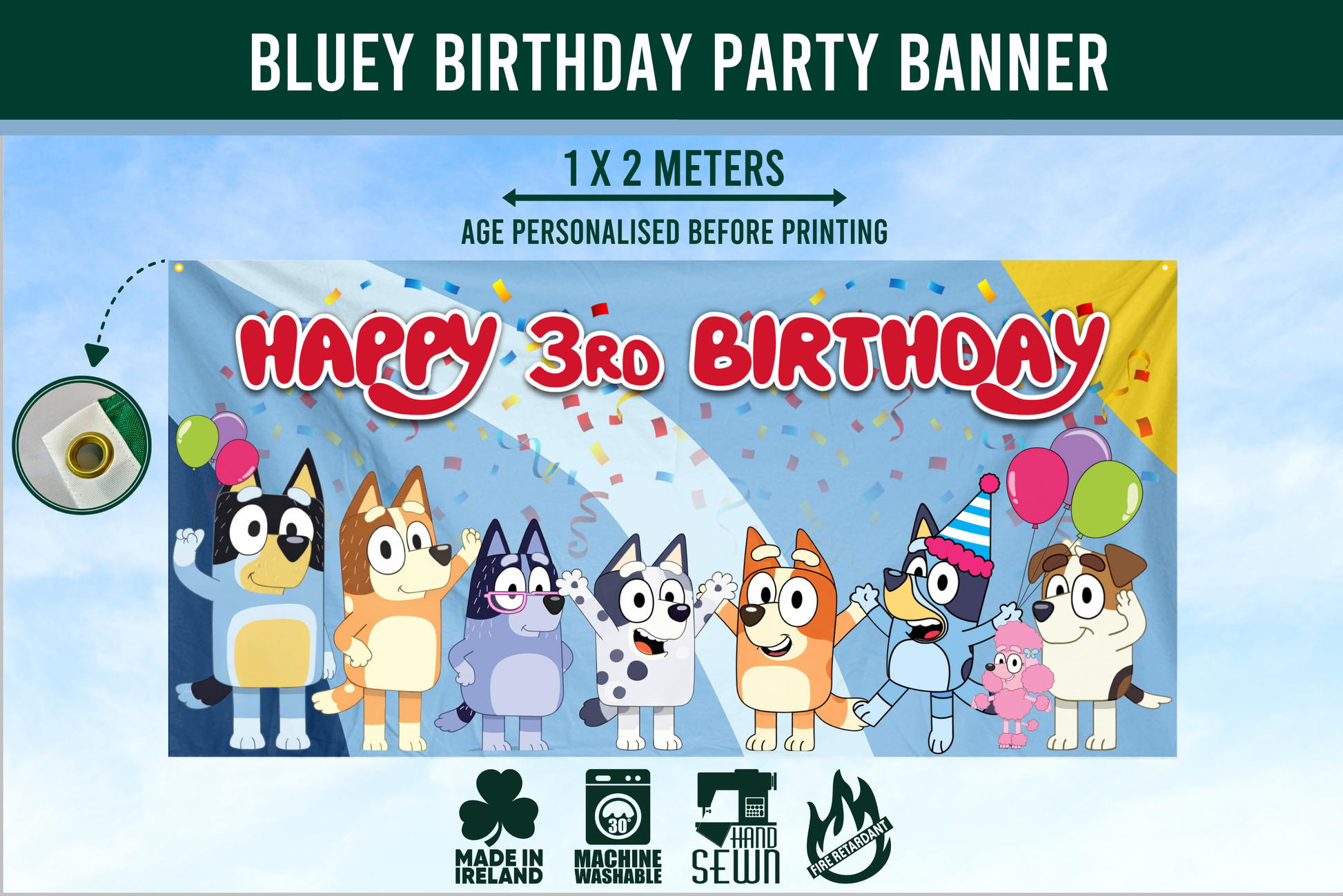 Bluey birthday party banner with cartoon characters and text 'Happy 3rd Birthday' on a blue background with eyelets in top corners.