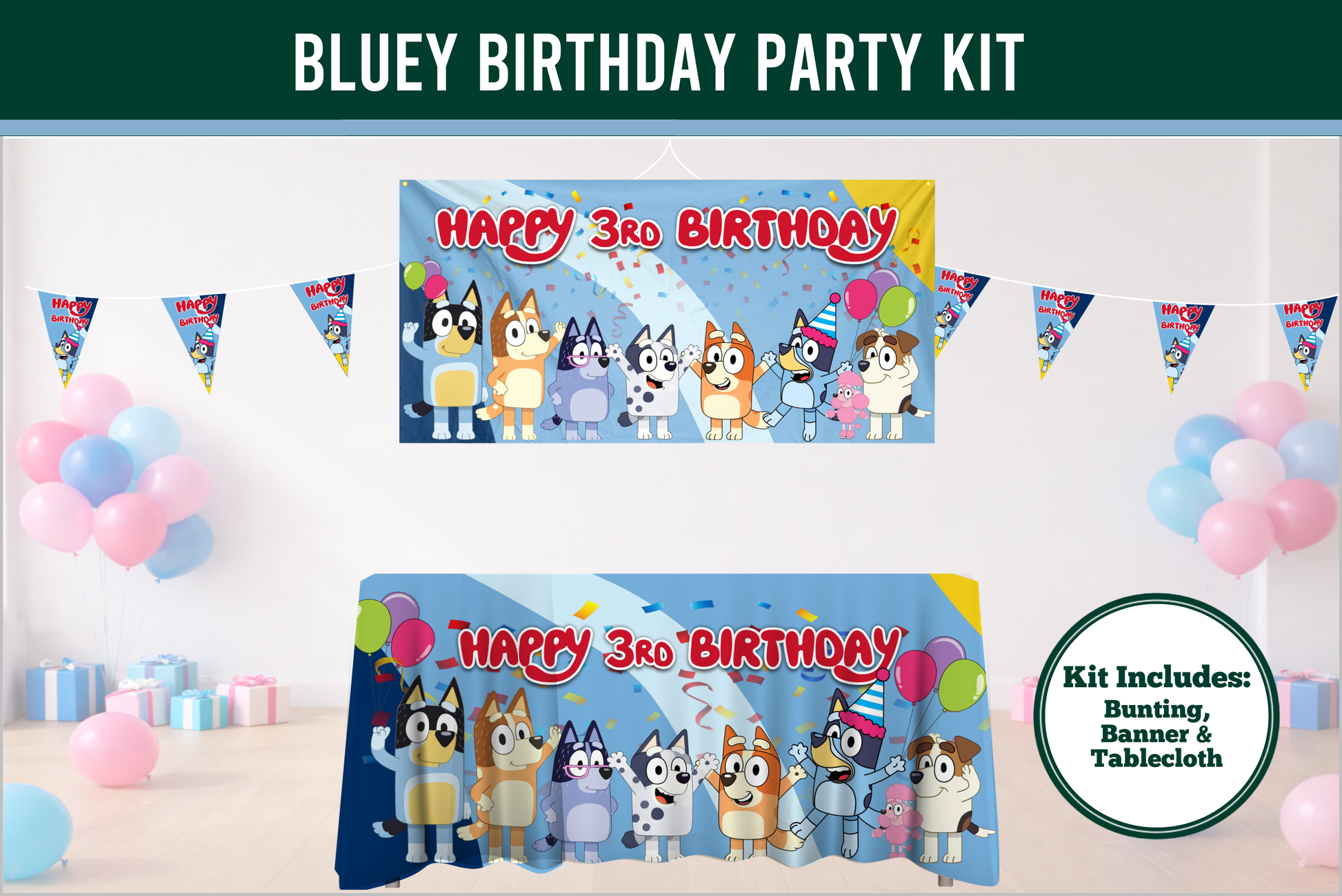 Bluey birthday party kit with banner and tablecloth and bunting on a white birthday party scenario. 