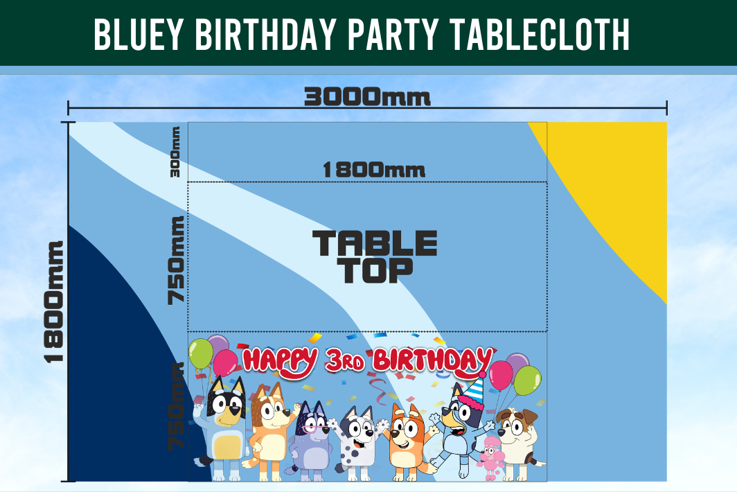 Measurement chart for a blue birthday party tablecloth with cartoon dogs and 'Happy 3rd Birthday' text.