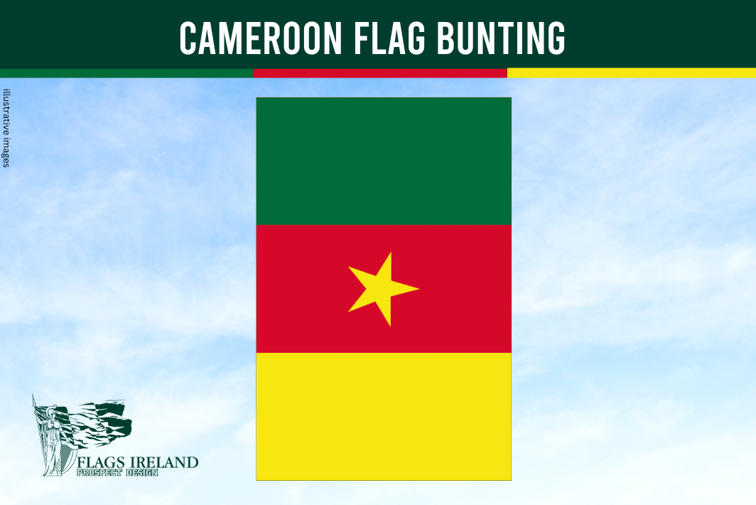 cameroon flag bunting, green red and yellow with a star in the middle on a blue sky