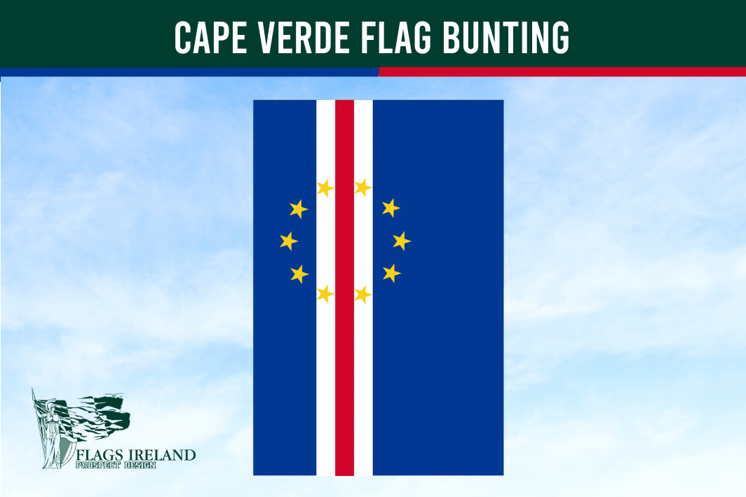 Cape Verde flag bunting with blue, red, and yellow colors against a clear sky.