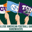 Four illustrated hands holding small handwaves with TCU and North Carolina Tar Heels football logos, set against a dark green background with the text 'COLLEGE AMERICAN FOOTBALL GAME HANDAWARS' below.
