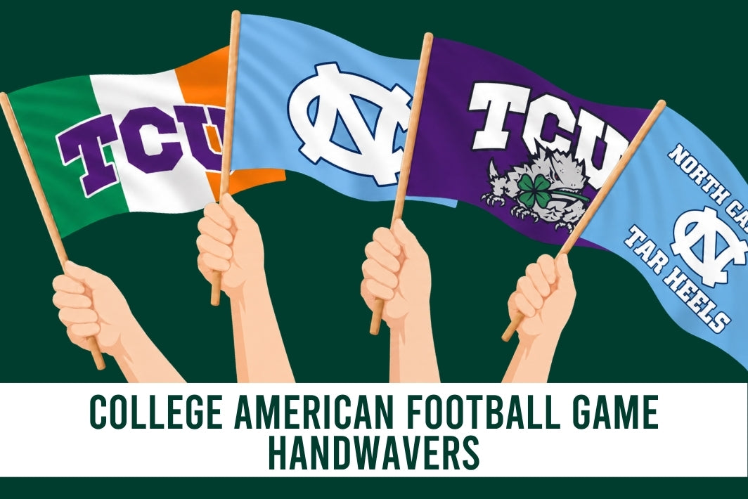 Four illustrated hands holding small handwaves with TCU and North Carolina Tar Heels football logos, set against a dark green background with the text 'COLLEGE AMERICAN FOOTBALL GAME HANDAWARS' below.