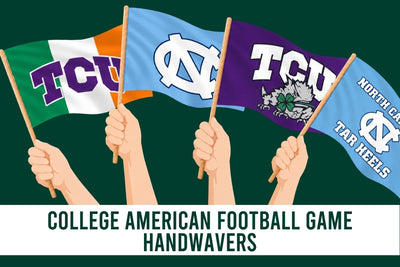 Four illustrated hands holding small handwaves with TCU and North Carolina Tar Heels football logos, set against a dark green background with the text 'COLLEGE AMERICAN FOOTBALL GAME HANDAWARS' below.