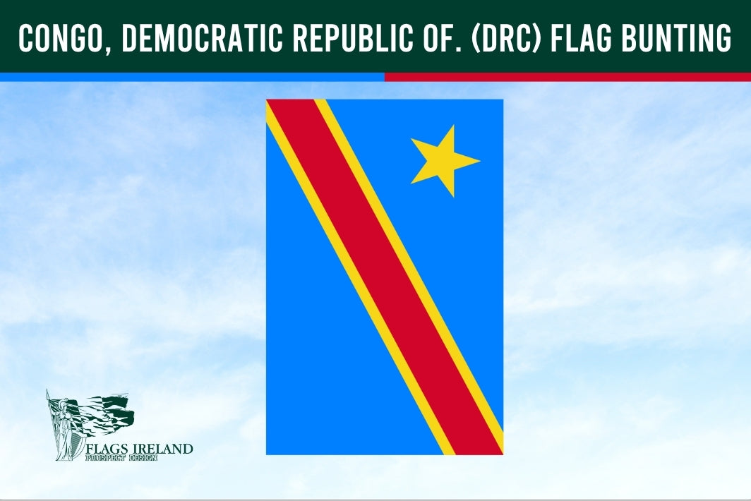 Congo, Democratic Republic of the Congo flag bunting against a blue sky with Flags Ireland logo.