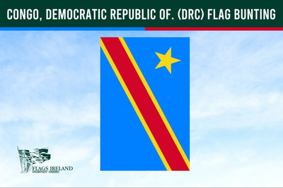 Congo, Democratic Republic of the Congo flag bunting against a blue sky with Flags Ireland logo.