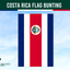 costa rica flag bunting, rectangular stripped blue white and red with crest on a blue sky background