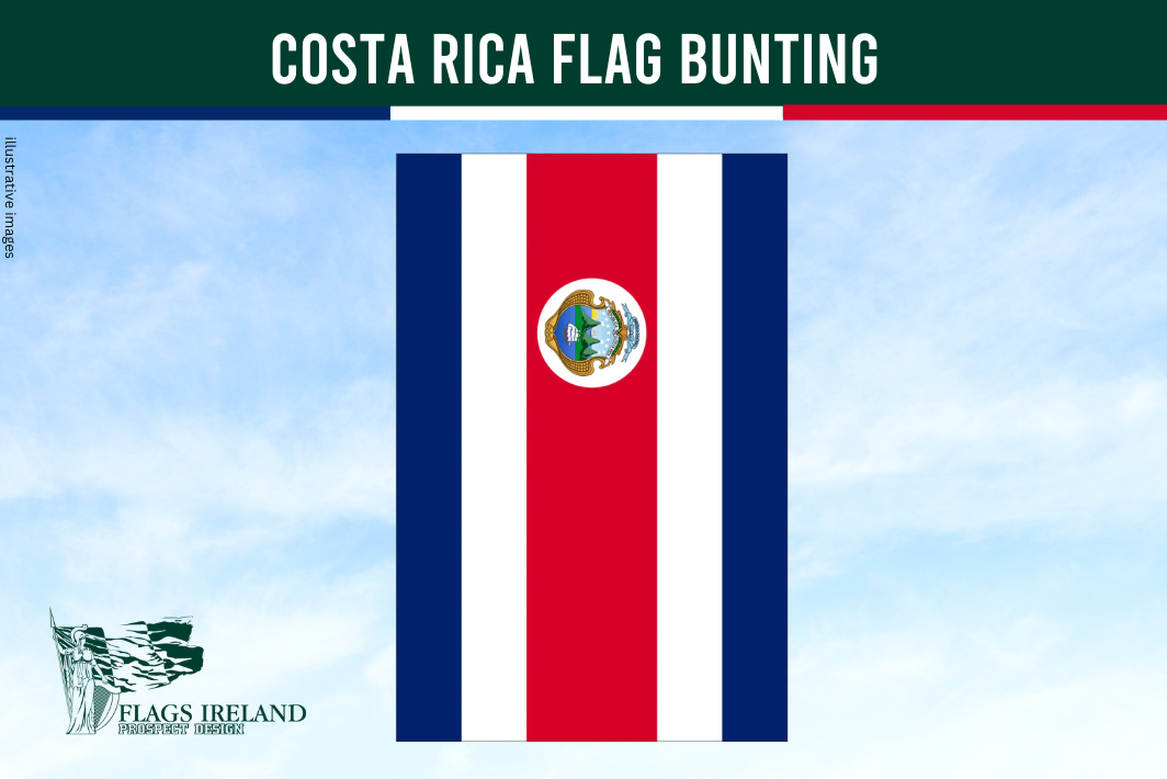 costa rica flag bunting, rectangular stripped blue white and red with crest on a blue sky background