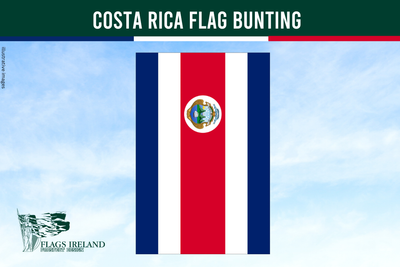 costa rica flag bunting, rectangular stripped blue white and red with crest on a blue sky background