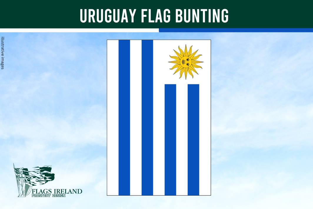 Uruguay flag bunting with a blue sky background, featuring the brand 'Flags Ireland'.