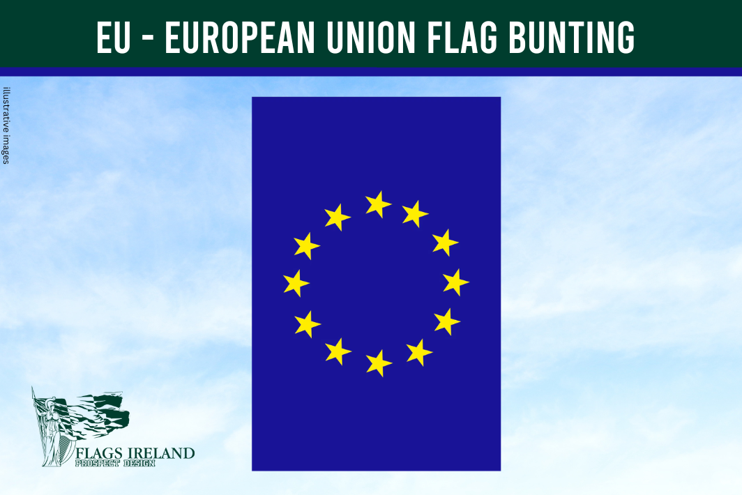 eu uropean union flag bunting, rectangle flag, blue with 12 stars on a blue sky background