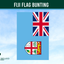 Fiji flag bunting with British and Fiji flags on a blue background, branded by Flags Ireland.