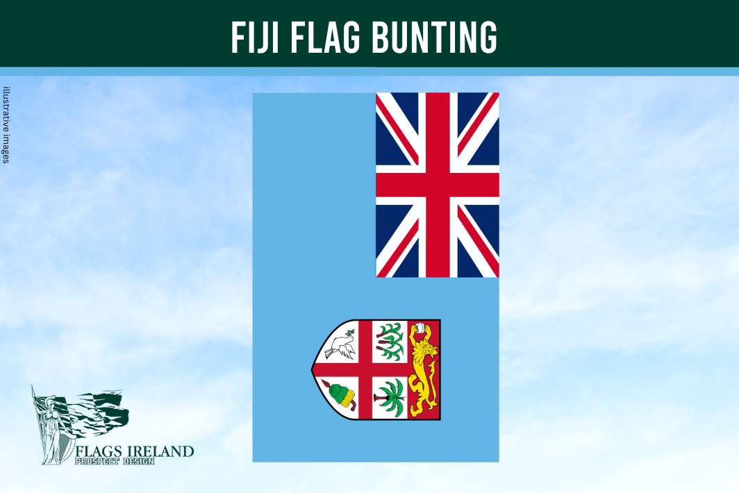 Fiji flag bunting with British and Fiji flags on a blue background, branded by Flags Ireland.