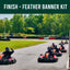 Go-kart race with 'Finish' feather banner on a track surrounded by trees