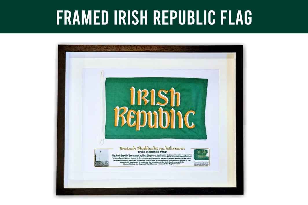 Framed Irish Republic Flag against a white wall