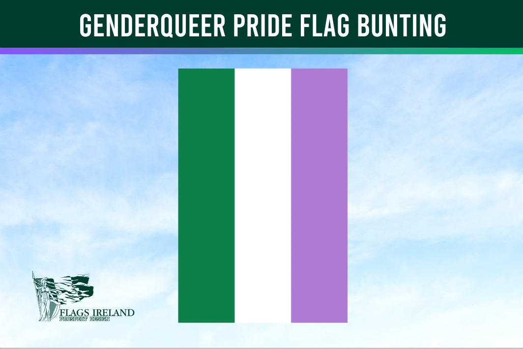Genderqueer pride flag bunting with a blue sky background, featuring the Flags Ireland logo.