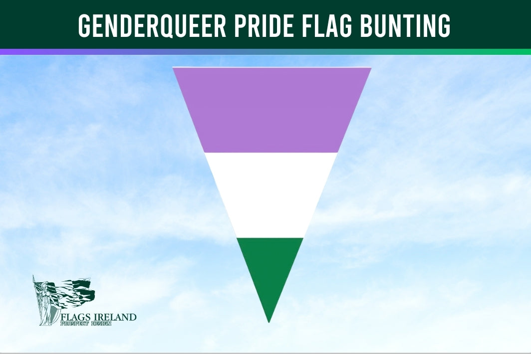 Genderqueer Pride Flag triangle bunting against a blue sky