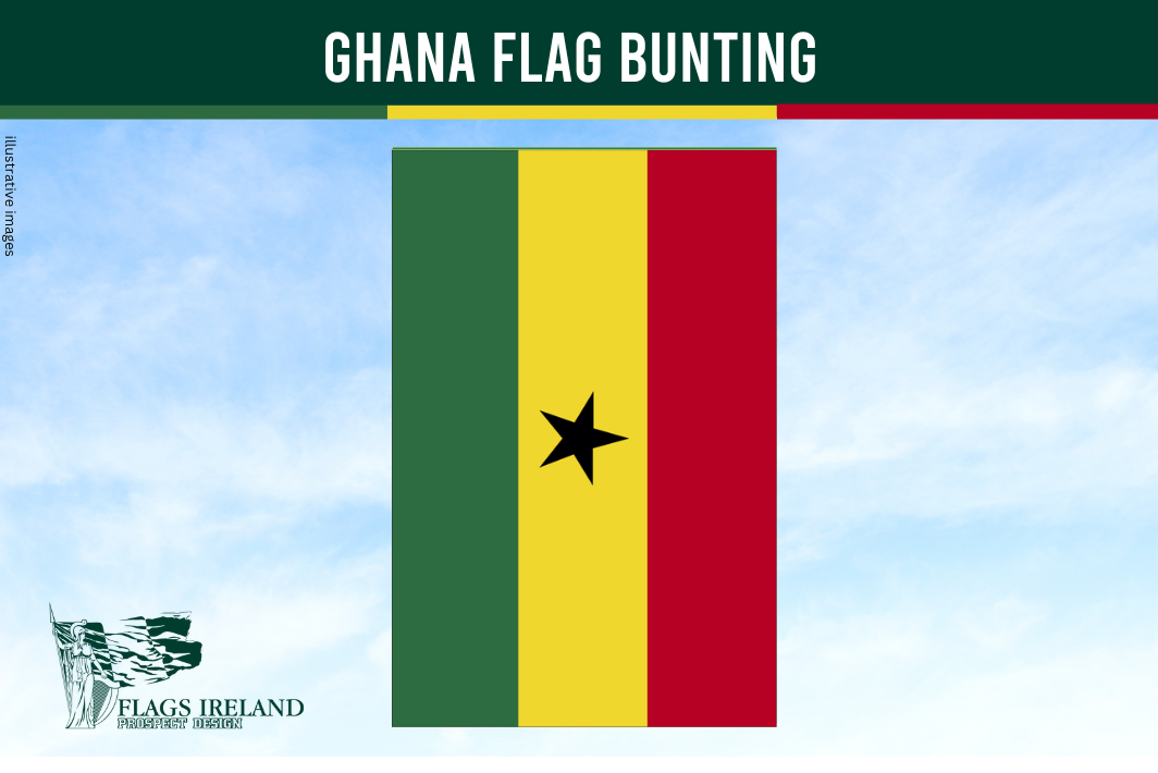 Ghana flag bunting with green, yellow, and red stripes and a black star on a blue sky background. Flags Ireland logo visible.