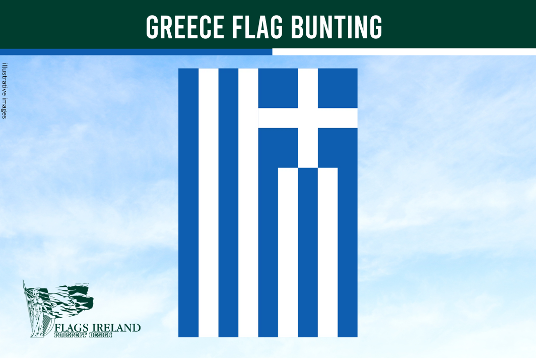 Greece flag bunting with a blue sky background and 'Flags Ireland' logo.