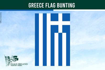 Greece flag bunting with a blue sky background and 'Flags Ireland' logo.
