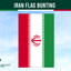 iran flag bunting rectangular, three colours green wihite and red with simbol in the middle on a blue sky background