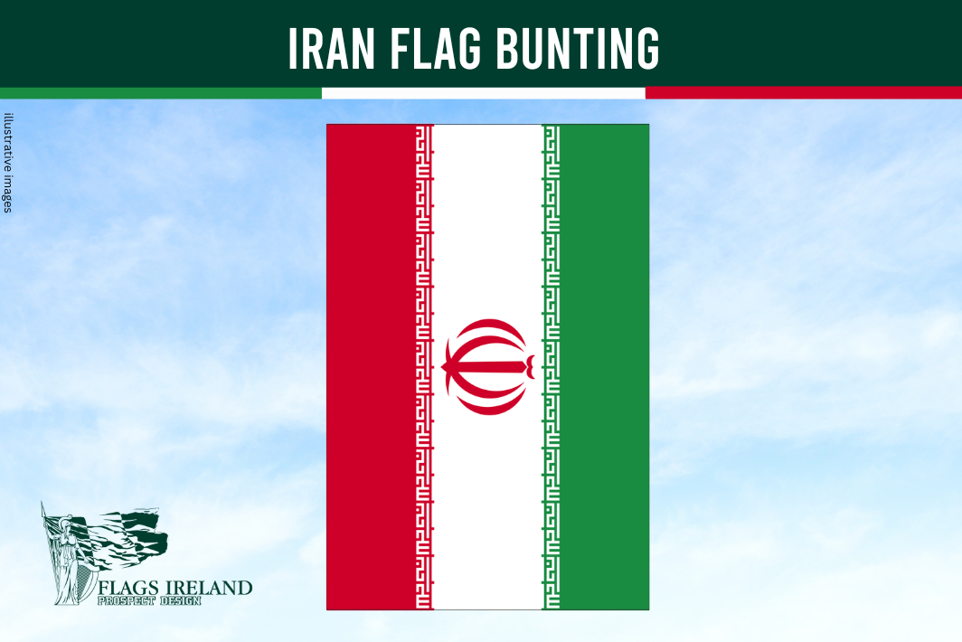 iran flag bunting rectangular, three colours green wihite and red with simbol in the middle on a blue sky background
