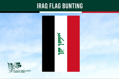 Iraq flag bunting with a clear sky background and 'Flags Ireland' logo.