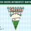 A triangular pennant flag design for 'Cheers Oktoberfest' featuring a beer glass with white foam and a green shamrock, set against a blue and white harlequin pattern background with a dark green header reading 'IRISH CHEERS OKTOBERFEST BUNTING'.