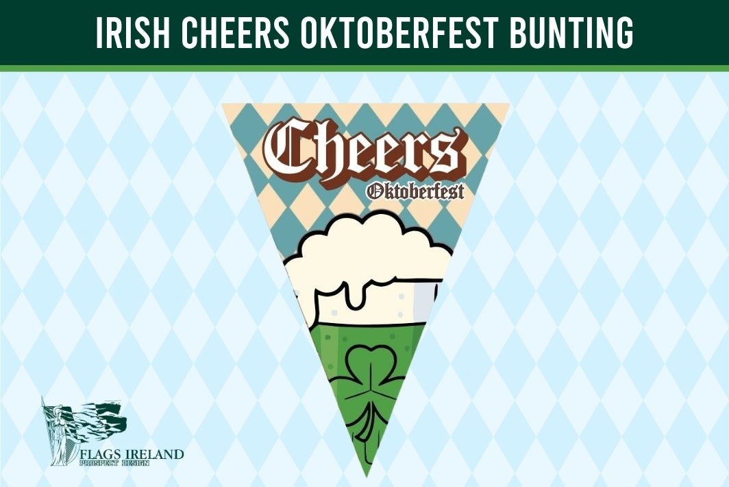 A triangular pennant flag design for 'Cheers Oktoberfest' featuring a beer glass with white foam and a green shamrock, set against a blue and white harlequin pattern background with a dark green header reading 'IRISH CHEERS OKTOBERFEST BUNTING'.